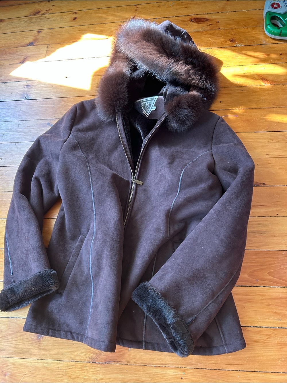 Marvin Richards vintage Chocolate Brown Faux Sued Jacket with Fox Fur Trim large